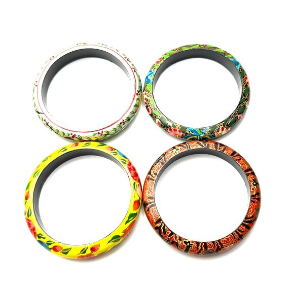 Hand-Painted Folk Art Wooden Bangle Bracelets Set of 4—Floral Designs—Like New - Picture 2 of 8